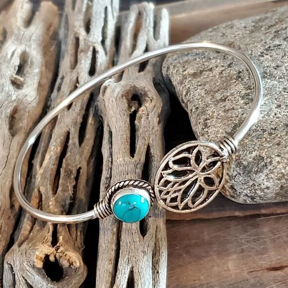 India Turquoise Gemstone Lotus Sterling Silver Overlay Cuff Bracelet 6743-R - Picture 4 of 8